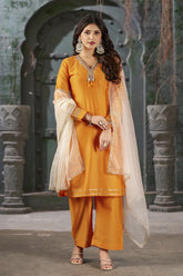 Orange Peel Straight Embroidered Kurta Set with Trousers and Dupatta-CL-KPD-132